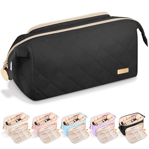 Easter Basket Gifts Soft Quilted Makeup Bag, Wide Opening Cosmetic Pouch Travel Toiletries Accessories Bag Trendy Makeup Purse for Women Teen Girls Holiday Gifts Birthday Gifts (Black) - color: Black