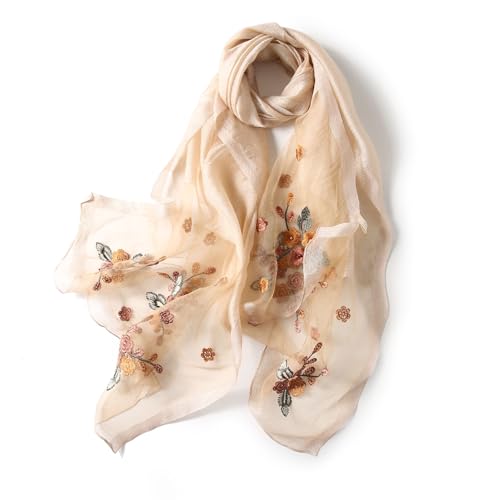 Jeelow Long Silk Blend Embroidered Floral Shawl Scarf Wrap for Women - color: Soft Beige
