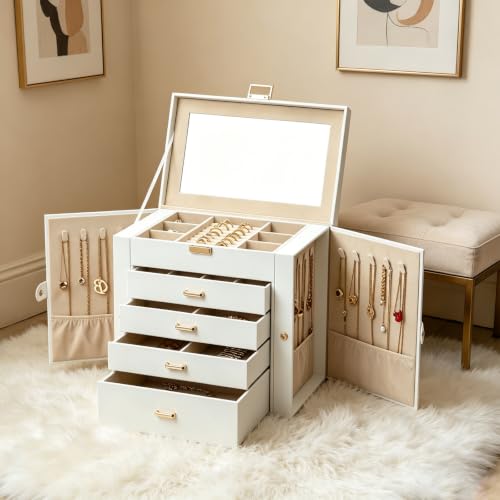 BOOVO Large Jewelry Box for Women, Jewelry Organizer (White Gold 5 Layer) - color: White and Gold, size: 5 Layer