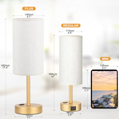 Fenmzee 17.4" Gold Lamp for Bedroom - Dimmable Touch, USB A+C, AC Outlet - color: Cream - Gold, size: 17.4"
