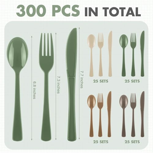Kochorie 300 Pieces Woodland Plastic Silverware, Disposable Plastic Utensils, Heavy Duty Cutlery Set Heavyweight Flatware Includes Spoons Forks Knives for Birthday Wedding Forest Party Supplies - color: Woodland