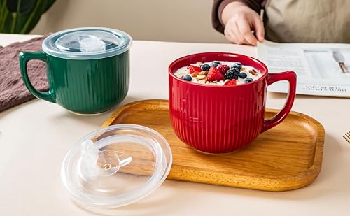 Ceramic Soup Bowl with Handle & Lid, 32oz Microwave Ramen Bowl Set of 2 - color: Forest Green 2pcs-32, size: 32 OZ
