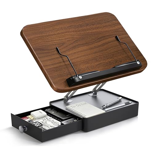 Book Stand with Storage Drawer, Heavy-Duty Adjustable Wooden Reading Stand - color: Walnut Effect, size: 10.5" x 15.5"