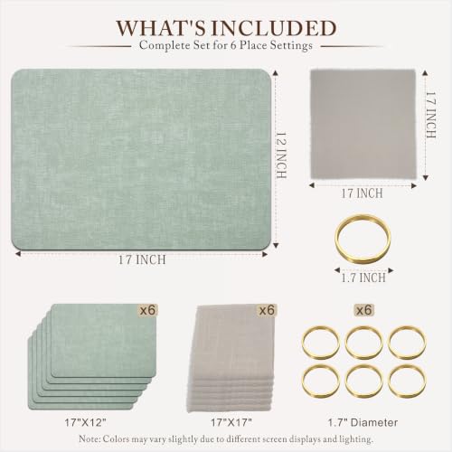 Placemats Set of 6 with Napkins and Rings - Washable Faux Leather Table Mat - color: Green, size: Placemats Set of 6