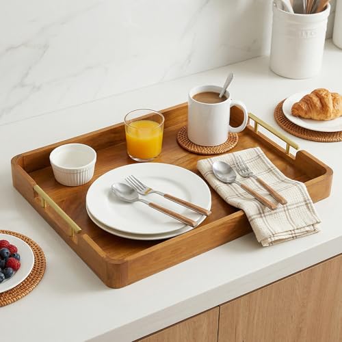 Solid Teak Wood Serving Tray with Handles, 17 x 13 Inch - size: 17" x 13" x 2"