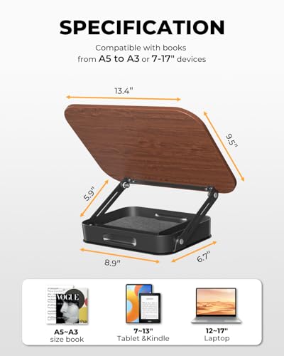 Adjustable Book Stand with Storage Drawer, 360° Rotating Book Holder, Height & Angle Adjustable, Extra-Wide Page Clips for Thick Books, Wood & Aluminum Book Stand for Desk, Study, Kitchen - color: Dark Wood