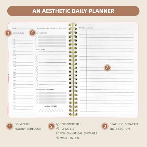 Undated Daily Planner - Spiral Notebook 80 Days One Day Per Page, Hourly Schedule, To-Do List, Notes, Everyday Planning Task, A5 Hardcover Journal Organizer Book Women Cute, Strawberry - color: Strawberry