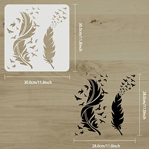FINGERINSPIRE Feather Stencils for Painting 11.8x11.8inch Beautiful Feather Stencil Flying Bird Painting Stencil Bird's Feather Stencils for Painting on Wood, Canvas, Paper, Floor, Wall - color: Feather & Flying Bird