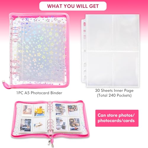 Kpop Photocard Binder Holder with 30 Pack 4-Pocket Inner Pages, A5 6 Ring Cover Album Book with Zipper for Organizing Trading Card (Pink) - color: Pink