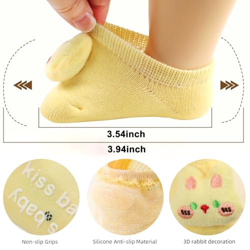 4 Pairs Baby Girl Socks with Non-Slip Grips,Cute Rabbit Low Cut Ankle Socks for Newborn Toddler Infants 0-6 Months - color: Pink Blue White Yellow