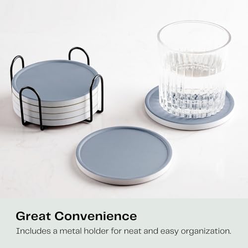 Set of 6 Dusty Blue Coasters with Holder, Absorbent Ceramic Drink Coasters with Cork Backing for Table Protection, Table Decor, Housewarming Gifts - color: Dusty Blue