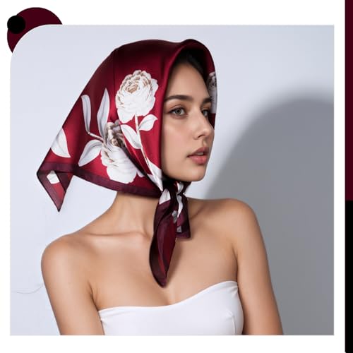 Seawhisper Premium Printed Satin Silk-Like Neck Scarf for Women Square 26" - color: Burgundy