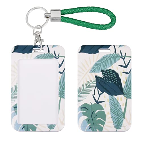 ID Card Badge Holder Key Chain with Metal Keyring, Plastic Slide Open with ID Window for Women Men Girls Students,Green Plant - color: Green Plant