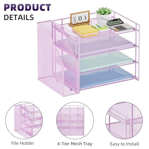 Marbrasse 4-Tier Paper Tray Organizer with File Holder, Purple - color: Purple