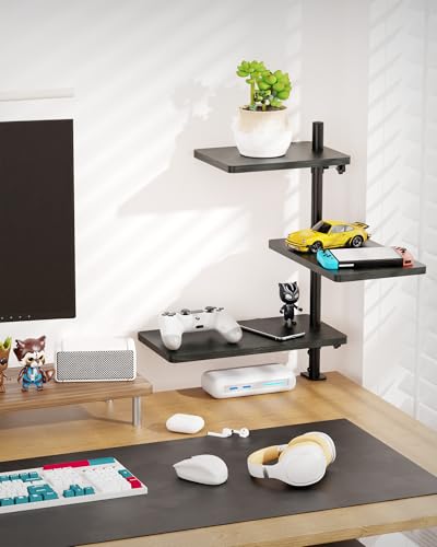 3 Tiers Clamp On Desk Shelf, 360° Angle Adjustable Desktop Shelf Organizer for Home Office Gaming Room, No Drill Desk Extender Adapt to 0.4-2.16 inches Table Thick, Black Brown - color: 3-tier Black
