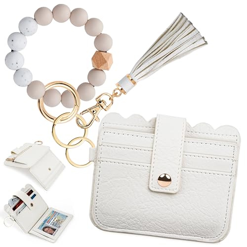 Wristlet Wallet for Women with Keychain – RFID Card Holder Small Wallet Wristlet with Key Ring - color: Cream, style: Classic