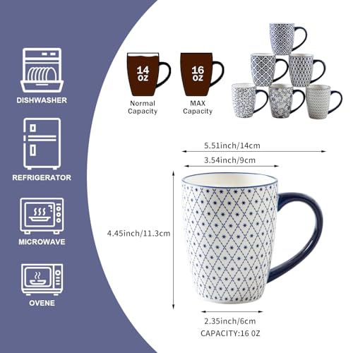 16 OZ Ceramic Coffee Mugs Set of 6 - color: Vintage Blue, size: 16 oz