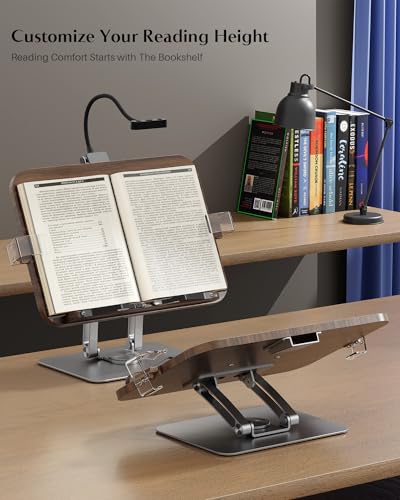 Book Stand for Reading,Adjustable Book Stand with Light,360° Rotating Metal Base,Foldable Cookbook Stand,Reading Hands Free with Page Clips for Recipe,Textbook,Cookbook（3CCT & CRI 90） - color: Gunmetal With Light