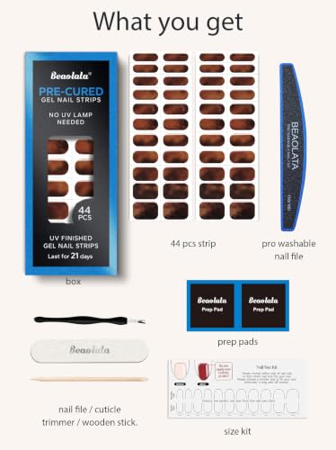 Real Gel Nail Strips (No UV Light Needed) - 44Pcs Salon Quality Nail Stickers - Long Lasting Polish Wraps for Women, Easy Apply & Remove (Brown Leopard) - color: Brown Leopard