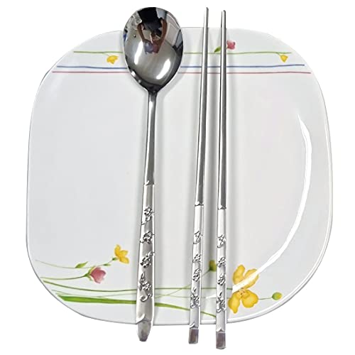 GARASANI Korean Traditional Cutlery Stainless Steel Spoons and Chopsticks Set (Silver Petal) - color: Silver Petal