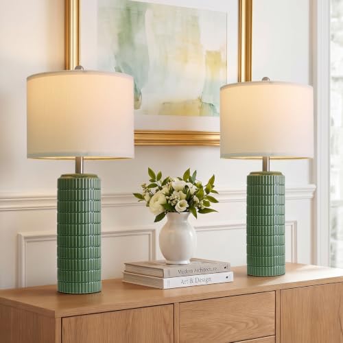 PoKat 27.5" Dark Green Ceramic Table Lamps for Living Room, Farmhouse Table Lamps Set of 2 for Bedroom Night Stands, Modern Bedside Lamps for End Side Table, Vintage Nightstand Decor Lamps Home Office - color: Green