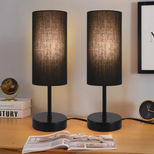 RISLG 2 Pack Table Lamp for Bedroom, Bedside Lamps for Nightstand with Wire Switch, Minimalist Desk Lamps with Linen Fabric Shade for Kids Room Living Room Office Dorm, Bulb Included - color: 2 Pack Black-Black, size: 13in