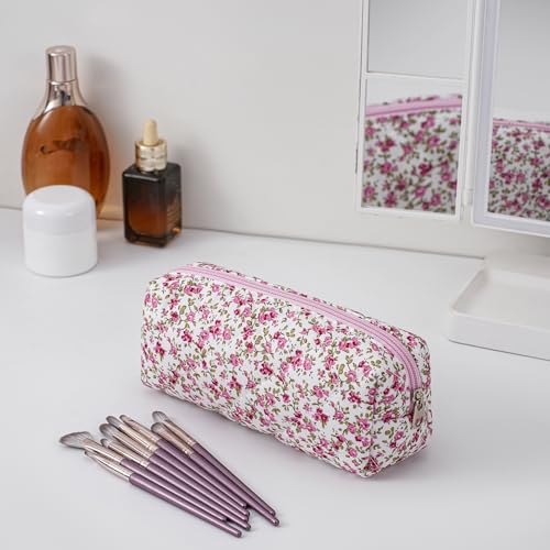 Cute Floral Cotton Makeup Brush Cosmetic Bag for Women, Travel Quilted Zipper Make Up Bag, Flowers Toiletry Organizer Case Kawaii Makeup Cosmetic Travel Cloth Pouch (Red Floral) - color: 03 Red Floral