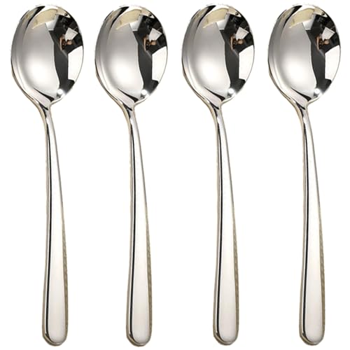 Large Round Soup Spoons Set,Set of 4 Premium 18/10 Stainless Steel Spoons with Long Handles,7.8 Inch Elegance Tablespoon,Dishwasher Safe,Fine Mirror Polished (Silver)