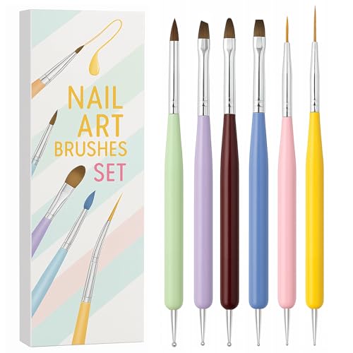 Gel Polish Nail Art Brushes, 6 Pcs Dual-Ended Art Design Pens with Case for Gel & Acrylic - Clean Up, Dotting, Liner, French Tip Tools for Nail Design, Extension & Manicure, DIY Kit Gift for Women