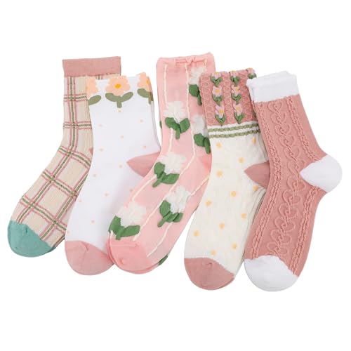 5/6 Pair Crew Socks for Women Floral Socks - color: Pink
