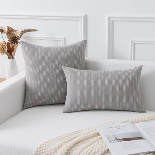 Kevin Textile Pack of 2 Farmhouse Throw Pillow Covers Boho Woven Texture Linen Striped Decorative Pillow Cases for Couch Bed and Chair, Grey 18 x 18 inches 45 x 45 cm - color: A-grey, size: 18" x 18" (Pack of 2)