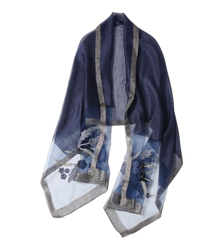 Jeelow Long Silk Blend Embroidered Floral Shawl Scarf Wrap for Women - color: Navy Flowers