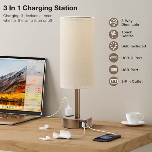 Fenmzee Brown Bedside Lamp for Bedroom, Dimmable Touch, USB A+C, AC Outlet - color: Beige - Brown, size: 14"