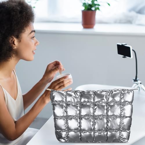 Hillban Silver Puffy Quilted Makeup Bag for Women Cosmetic Gift, Classic - color: Silver, size: Classic
