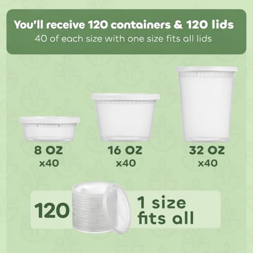 120 Sets Plastic Food Storage Deli Containers w/ Lids 8oz 16oz & 32oz Quart - size: 120 Sets (3 Sizes: 8, 16 & 32 oz)