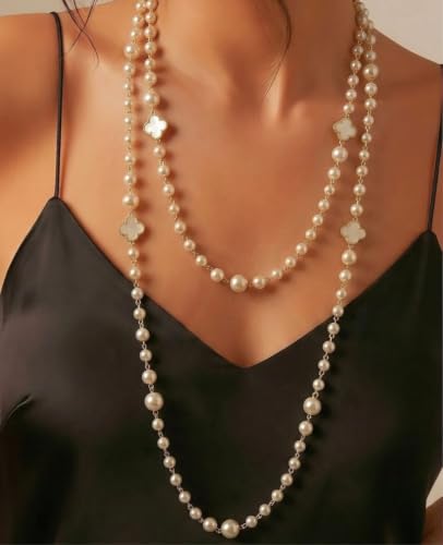 Long Pearl Necklace for Women Layered Lucky Clover Jewelry Gift - color: White Clover