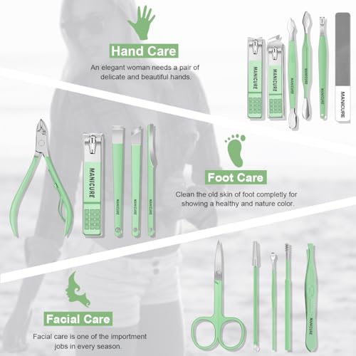 Manicure Set Professional Nail Clippers Pedicure Kit,16 pcs Stainless Steel - color: Green