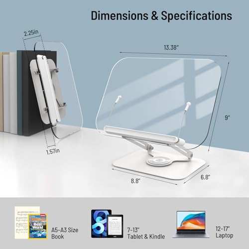 Acrylic Book Stand for Reading Hands Free - Adjustable 360° Rotating Cookbook Holder with Elastic Page Clips & Foldable Base, Multi-Angle Desktop Display Stand for Recipes, Textbooks, Tablets, Bibles - color: White