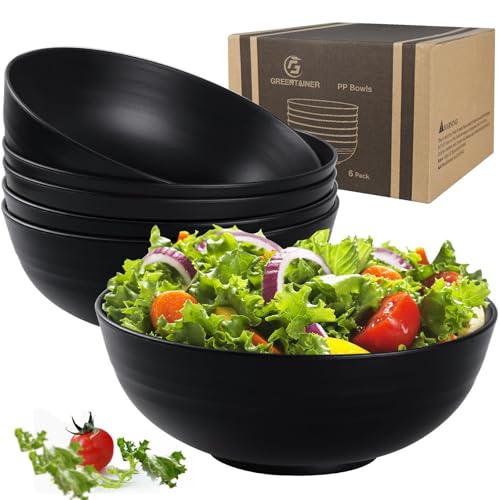 Greentainer Unbreakable Large Salad Bowls, 76 oz Plastic Serving Bowl Set of 6, Lightweight Black Bowl for Soup, Cereal, Fruit, Popcorn, Dishwasher & Microwave Safe - color: Black