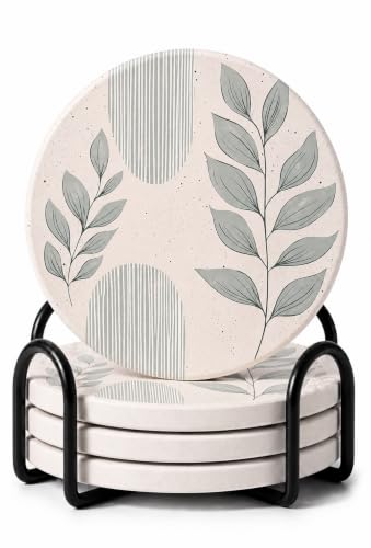 VEYRO Ceramic Coasters Set of 4 – Absorbent Stone Drink Coasters with Holder, Non-Slip Cork Backing, Modern Marble Look Coasters for Coffee Table, Desk & Home Decor - color: Leaves 1, size: Set of 4
