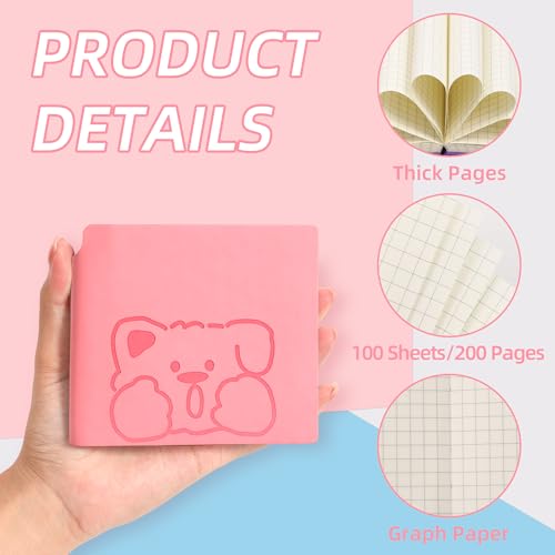 BOBO RABBIT 3 Pack Mini Grid Notebooks Pocket Size Graph Journal Total 600 Pages Compact Grided Notebook Small Softcover Vegan Leather Cartoon Puppy Dog Pattern Cute Notepads for Students Women Diary Writing Note Taking Lay Flat, 3.9"x3.9" Inner(Mini Squa