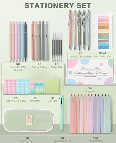 56 PCS Aesthetic School Supplies with Large Pencil Case, 5 Inspirational Ballpoint Pens, 12 Pastel Highlighters, 5 Black Ink Gel Pens, 6 Mechanical Pencils 0.5-0.7mm College Student Essentials (Green) - color: Green
