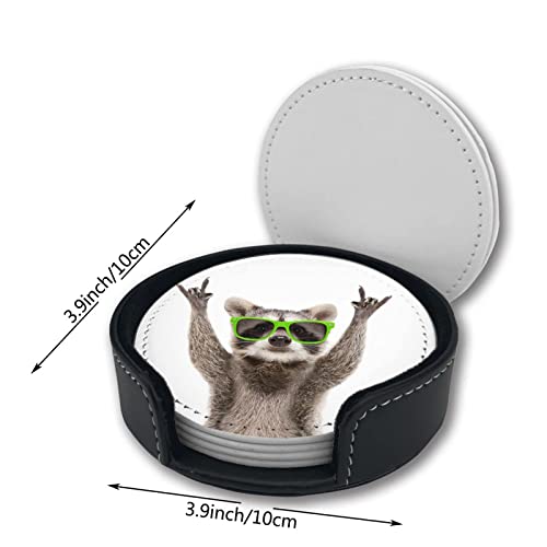 Novelty Raccoon Coasters for Drinks with Holder Leather Coasters Set of 6 Table Decor Protect Furniture from Water Marks Scratch and Damage - color: Black2