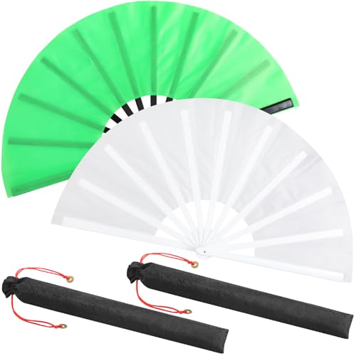 Maitys 2 Packs Large Folding Hand Fans, 13'', White and Green - color: White and Green