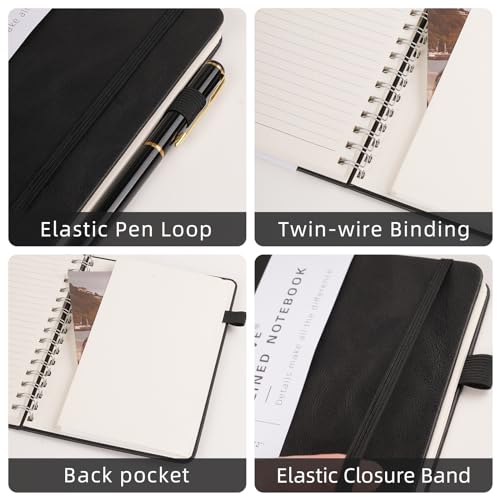 Spiral Notebooks Journal for Women Men 12 Pack Bulk Leather Hardcover with Pen Holder A5 160 Pages 100 GSM Thick Paper for Work School Lined Black - color: Black