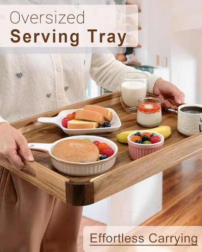 22 Inch Wooden Serving Tray, Acacia Ottoman Tray, Rounded Corners