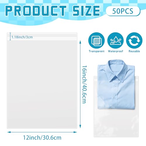 VOKOY 50 Pack 12 x 16 Inch Crystal Clear Sleeves Storage Bags, Self Sealing Cellophane Bag Resealable Page Protectors Artwork Protectors Clear Poly Bags for Clothes Shirts Gift Wrappers Party Favors - size: 12 x16 Inch, style: 50 Pack