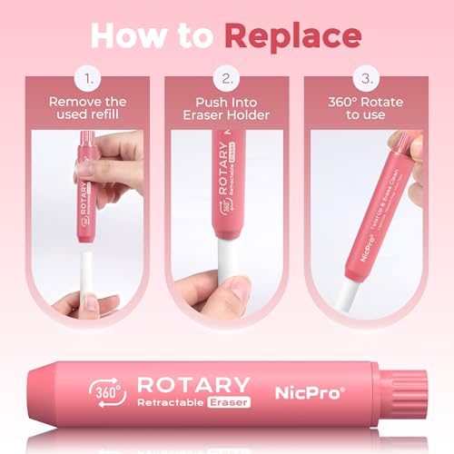 Nicpro Rotary Retractable Eraser with 5 PCS Refills-Pink - color: Pink