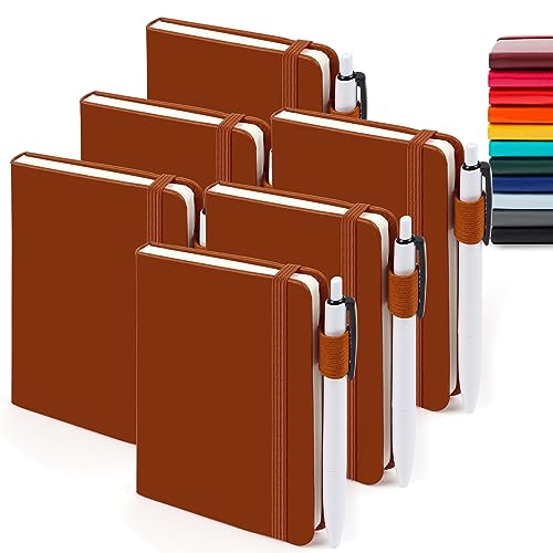 feela 6 Pack Pocket Mini Notebooks Bulk, Small Cute Memo Notepads Hardcover College Ruled Lined Journals with Pen Holder for School Business Work, with 6 Black Pens, 3.5”x 5.5”, A6, Brown - color: 6 Brown