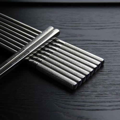 IQCWOOD 5 Pairs 18/10 Stainless Steel Chopsticks, 9.25 Inches - color: Grid Pattern